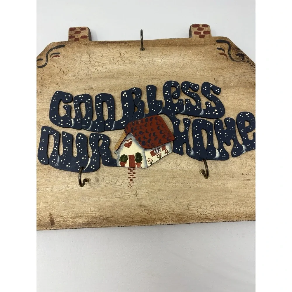 Vintage 90's Wooden Rustic God Bless Our Home Wall‎ Decor Pegs Cottage Primitive
